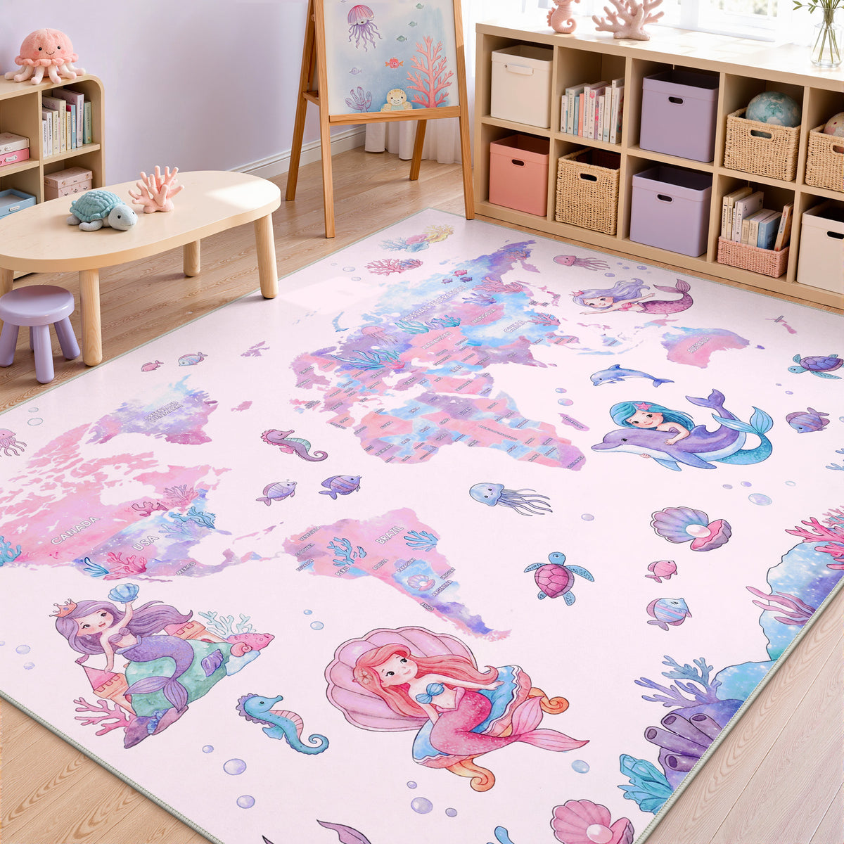 Soft Non‑Slip Low‑Pile, Cute Mermaid Ocean Animal Play Mat for Nursery Girls’ Bedroom Living Room
