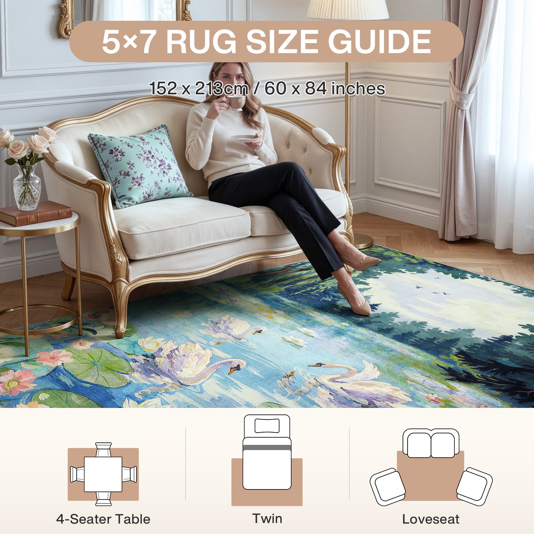3x5/5x7 Swan Lake in oil painting style Area Rugs, Washable Living Room Runner Soft Non Slip Carpet, Oeko-Tex Certified