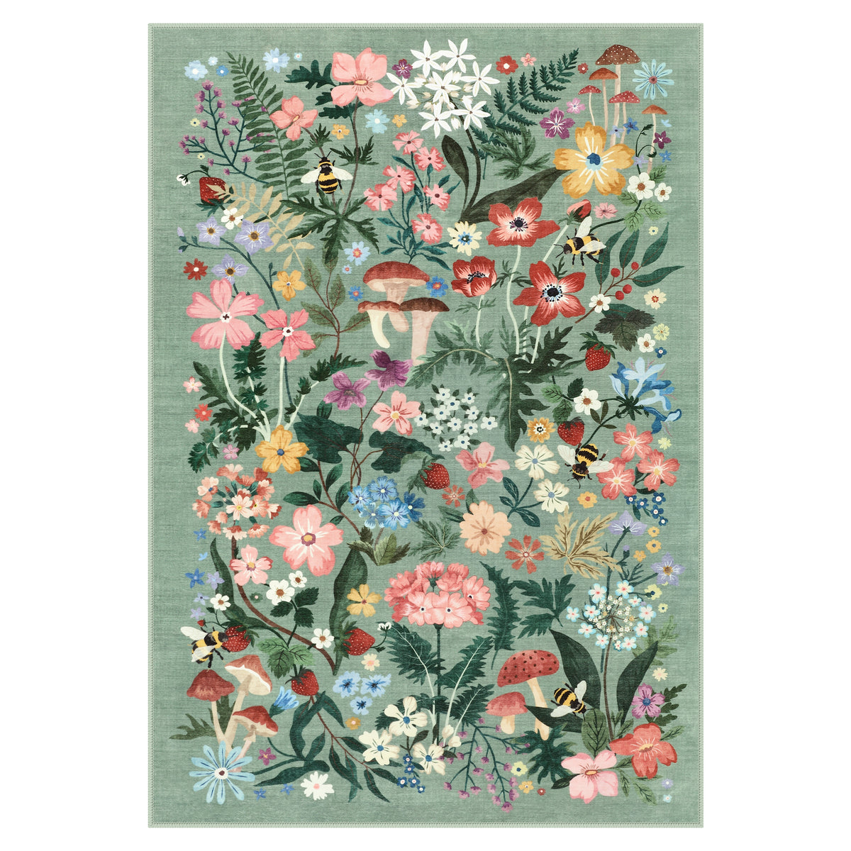 Washable Floral Area Rug, Non-Slip Low Pile Botanical Carpet
