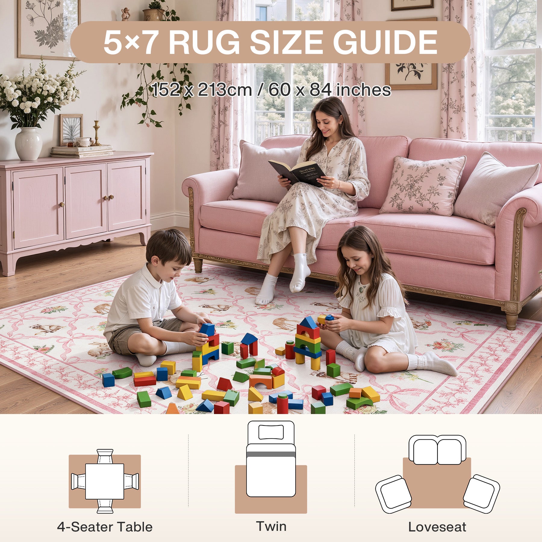 3x5/5x7 Boho Animal Floral Area Rugs for Living Room, Bow Soft Washable Non-Slip Low Pile Carpet, Oeko-Tex Certified