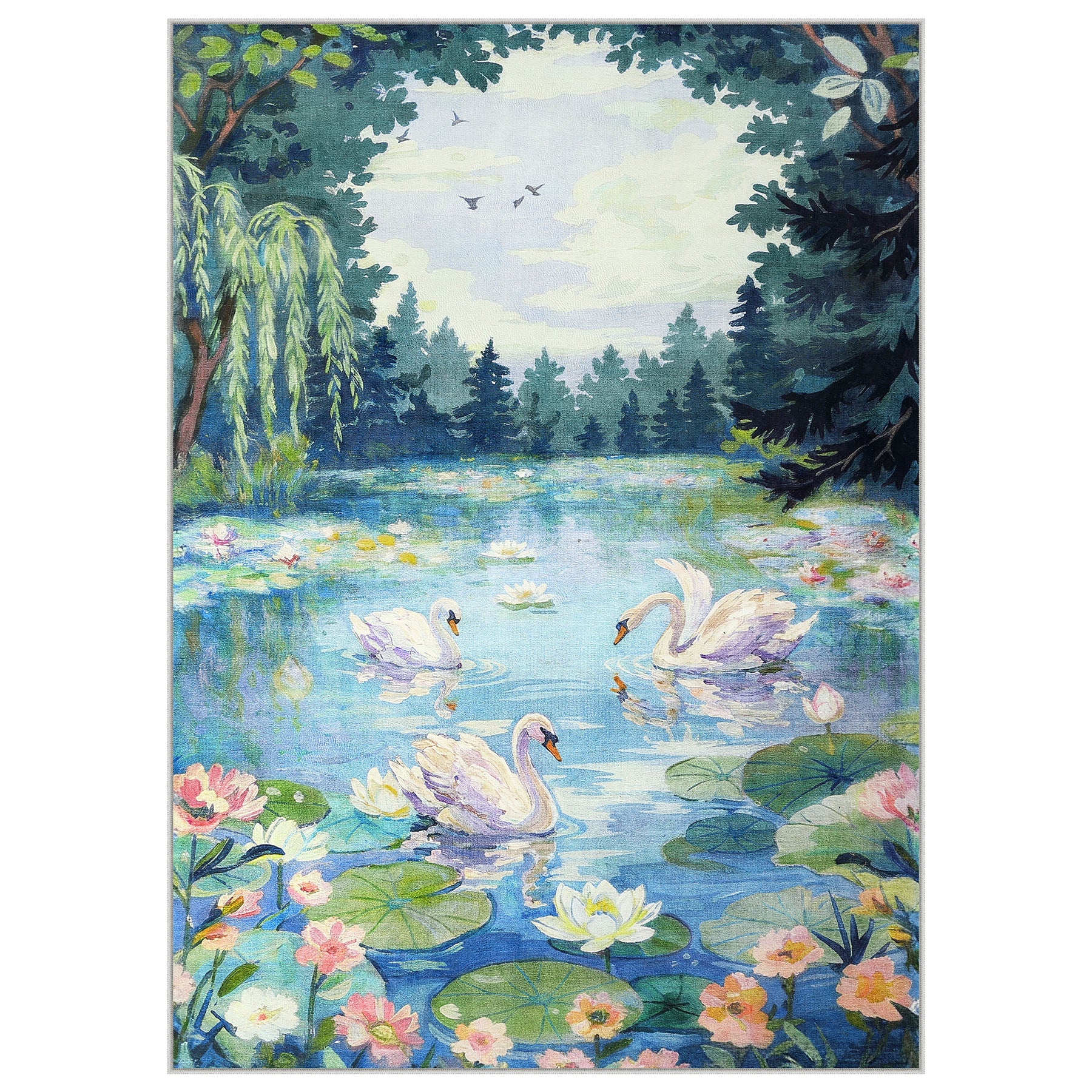 3x5/5x7 Swan Lake in oil painting style Area Rugs, Washable Living Room Runner Soft Non Slip Carpet, Oeko-Tex Certified