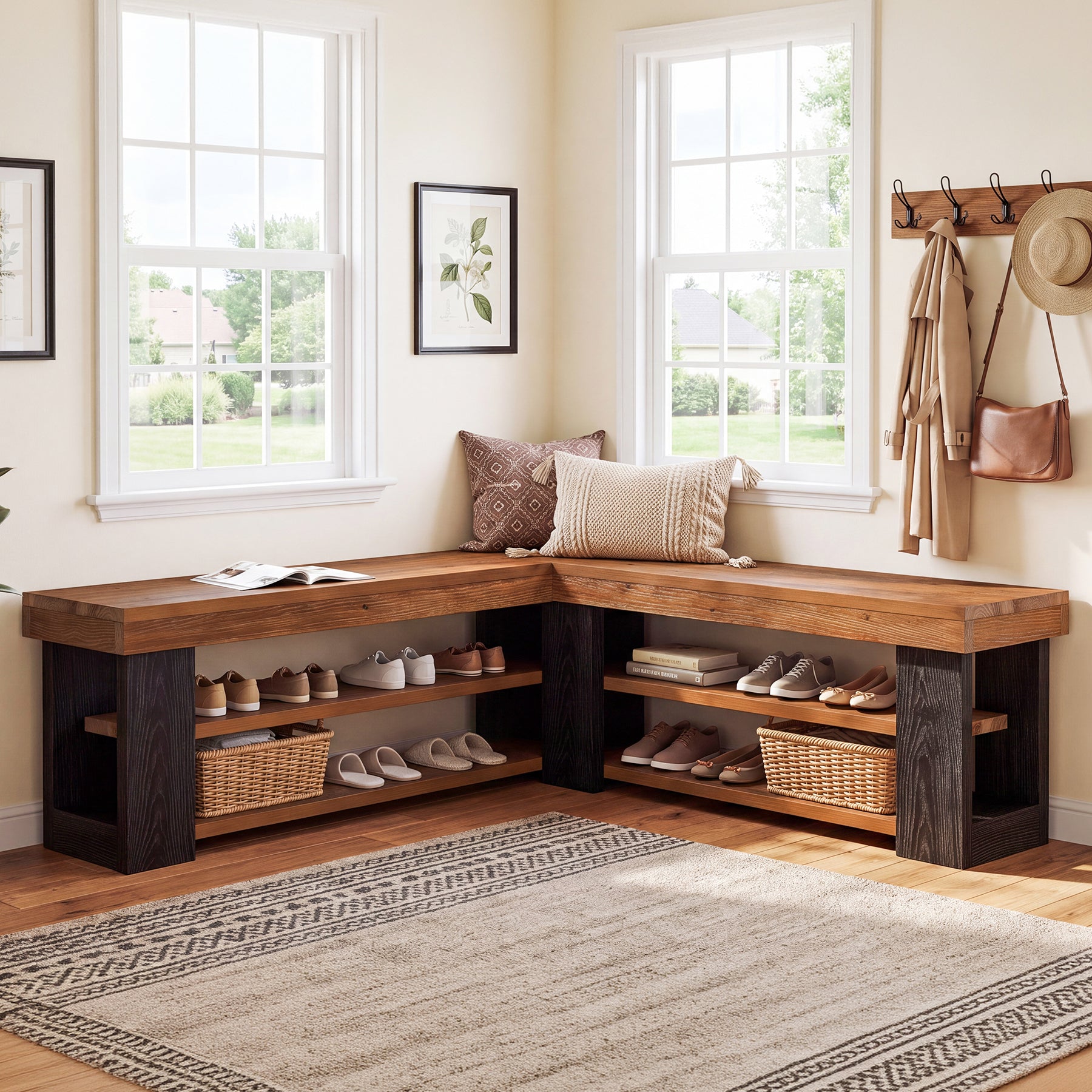 47" L-Shaped Corner Bench, 3-Tier Solid Wood Entryway Bench, Hallway Mudroom