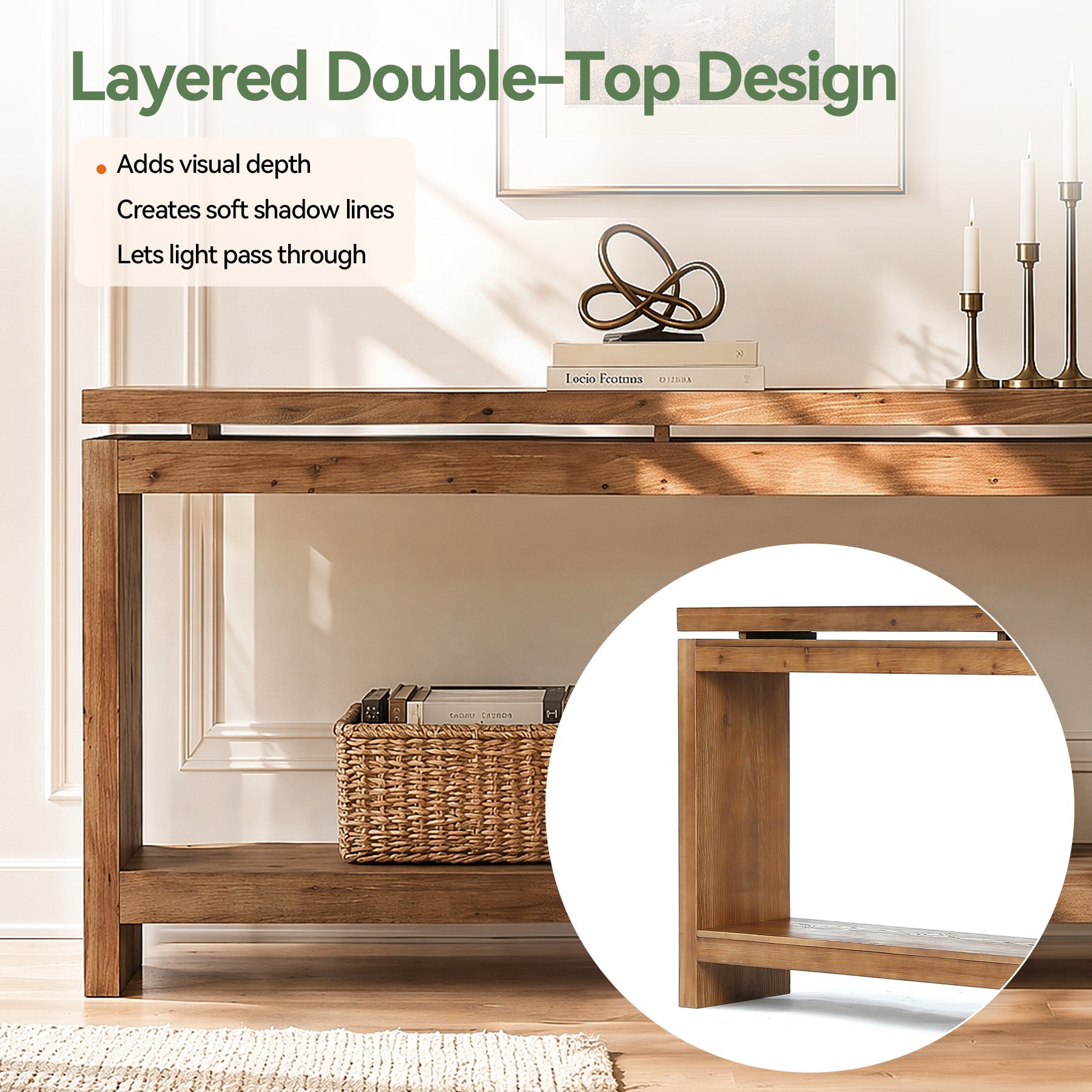 63" Solid Wood Console Table, 2-Tier Accent Sofa Table with Layered Double-Top Design