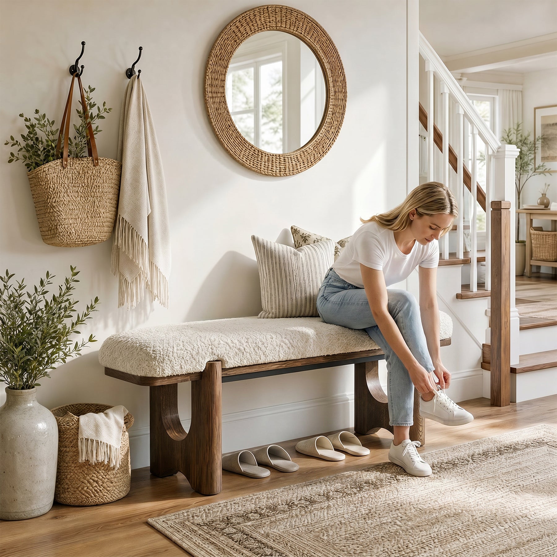 63" Upholstered Entryway Bench with Faux Shearling Cushion, Modern Farmhouse Shoe Bench