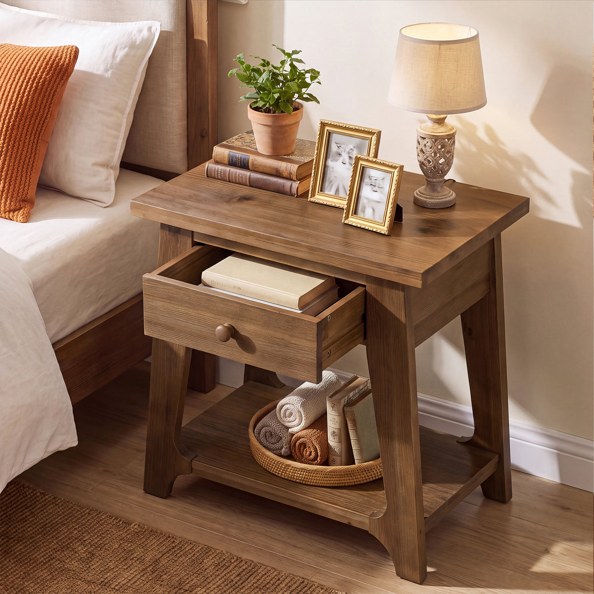 Solid Wood Nightstand, Farmhouse Bedside Table with Drawer & Open Shelf