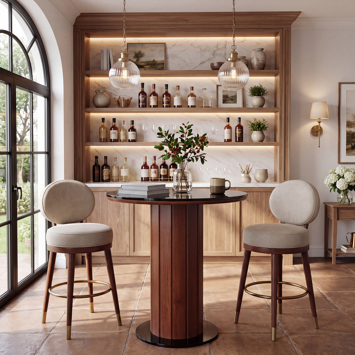 37.8" H Round Bar Table with Tempered Glass Top, Modern Pub Table with Fluted Pedestal Base
