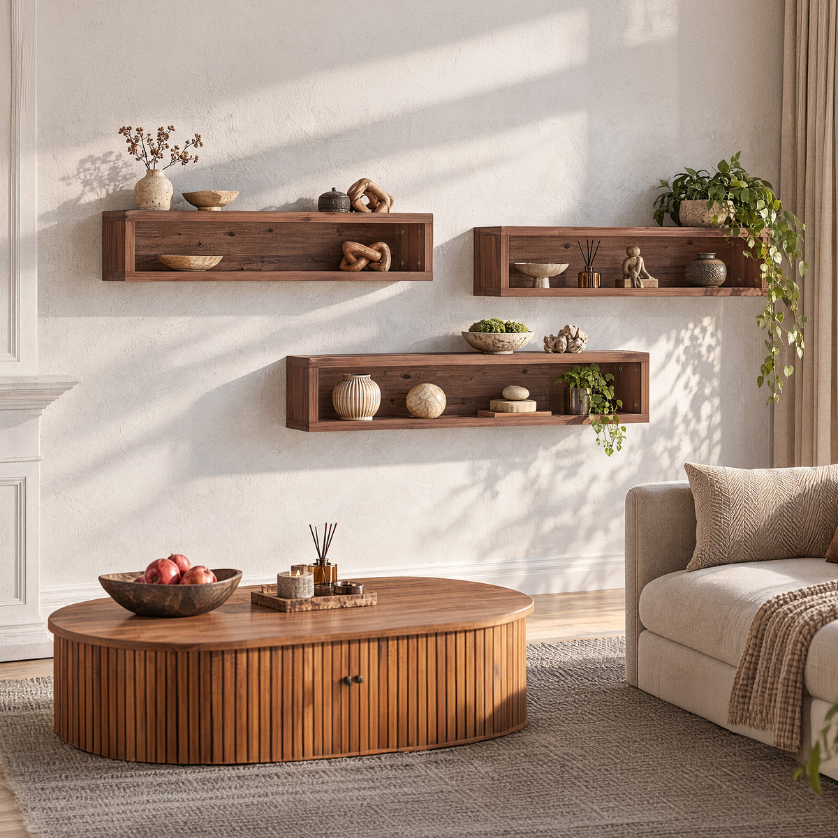 47" Solid Wood Floating Cube Shelves, Set of 3, Wall-Mounted Open Display Storage
