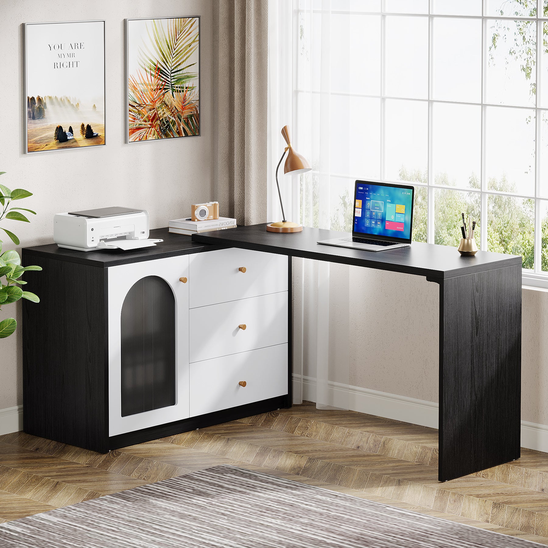 L-Shaped Computer Desk, Corner Office Desk with Reversible Storage Cabinet