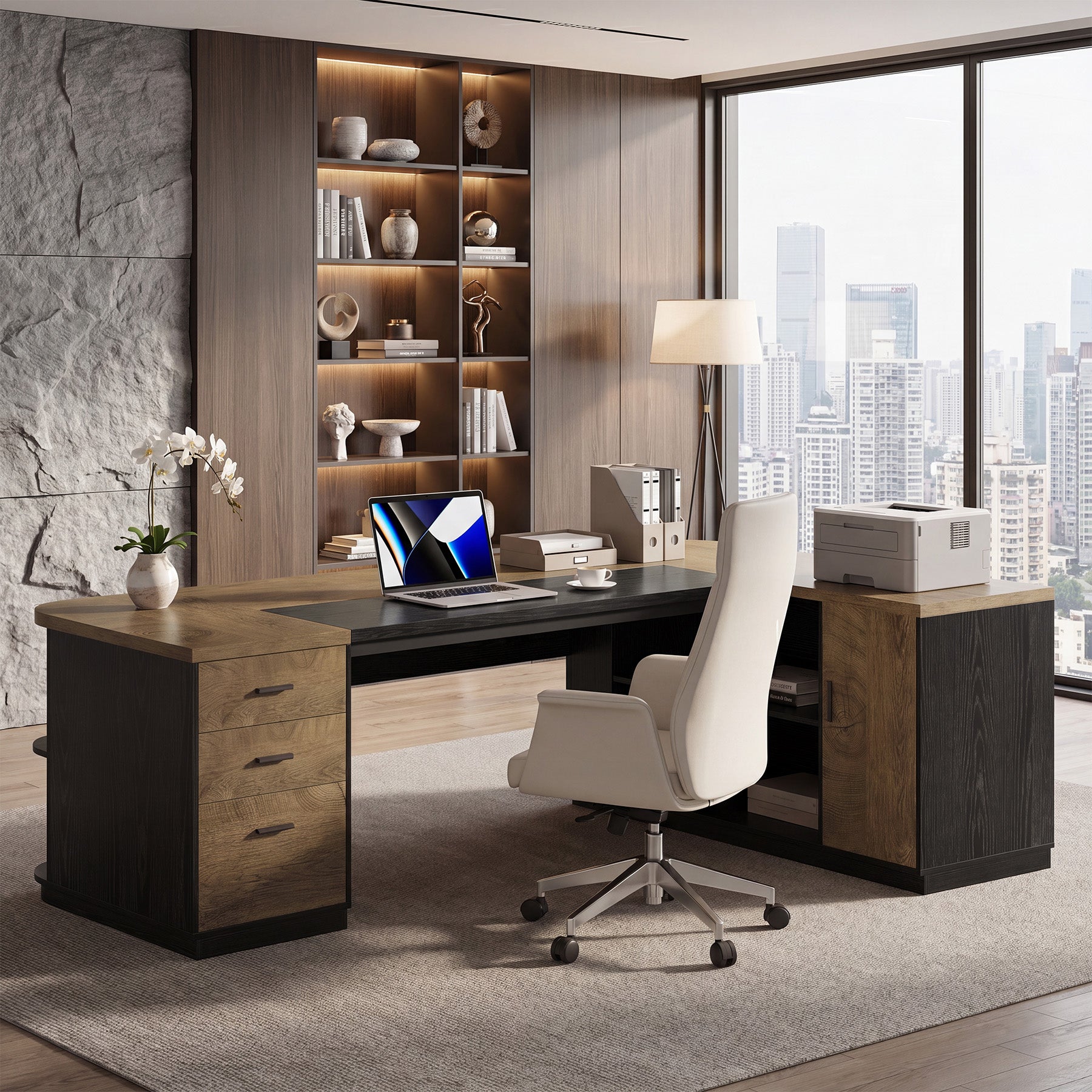 86.6" L-Shaped Executive Desk, Large Computer Desk with Drawers & 55" File Cabinet