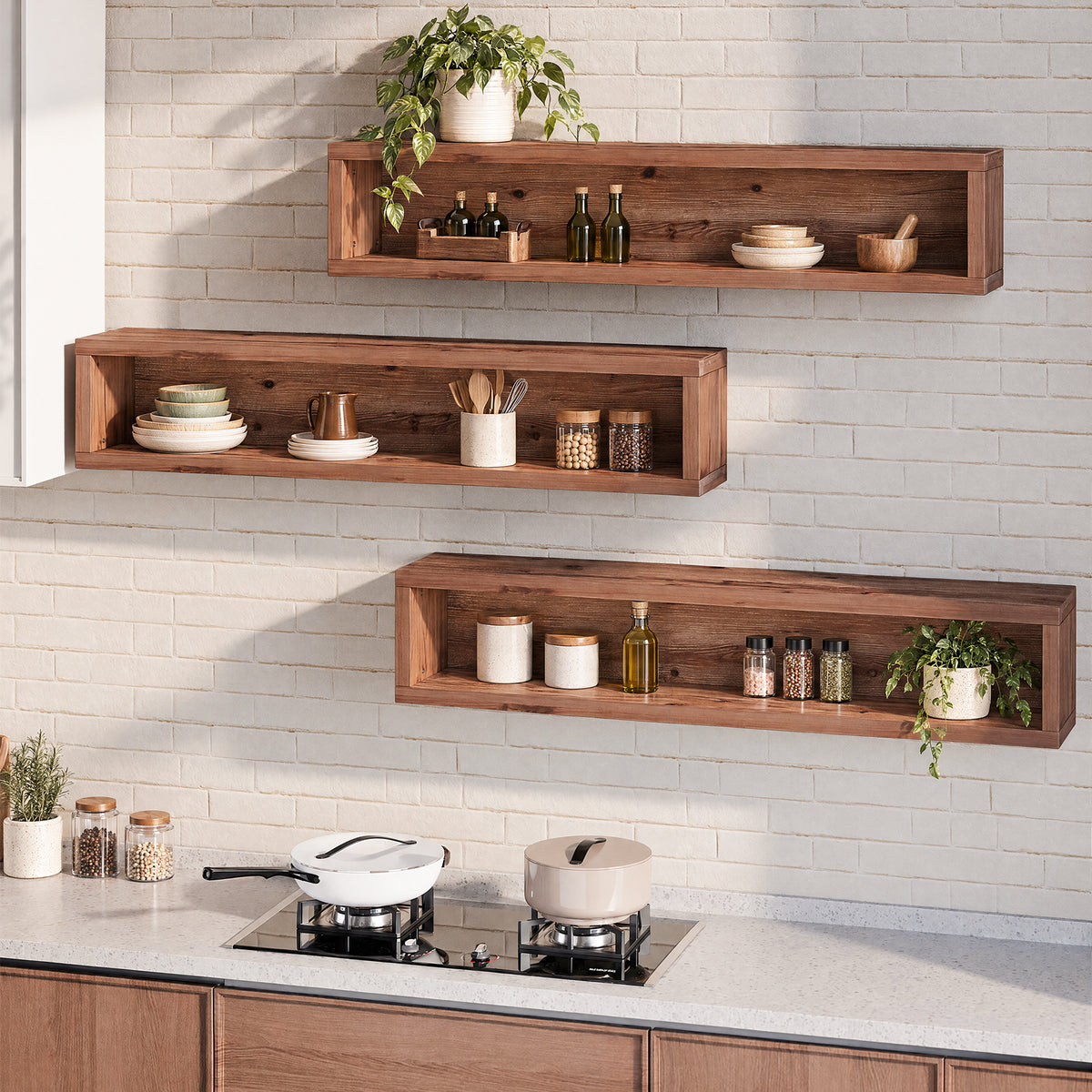 47" Solid Wood Floating Cube Shelves, Set of 3, Wall-Mounted Open Display Storage