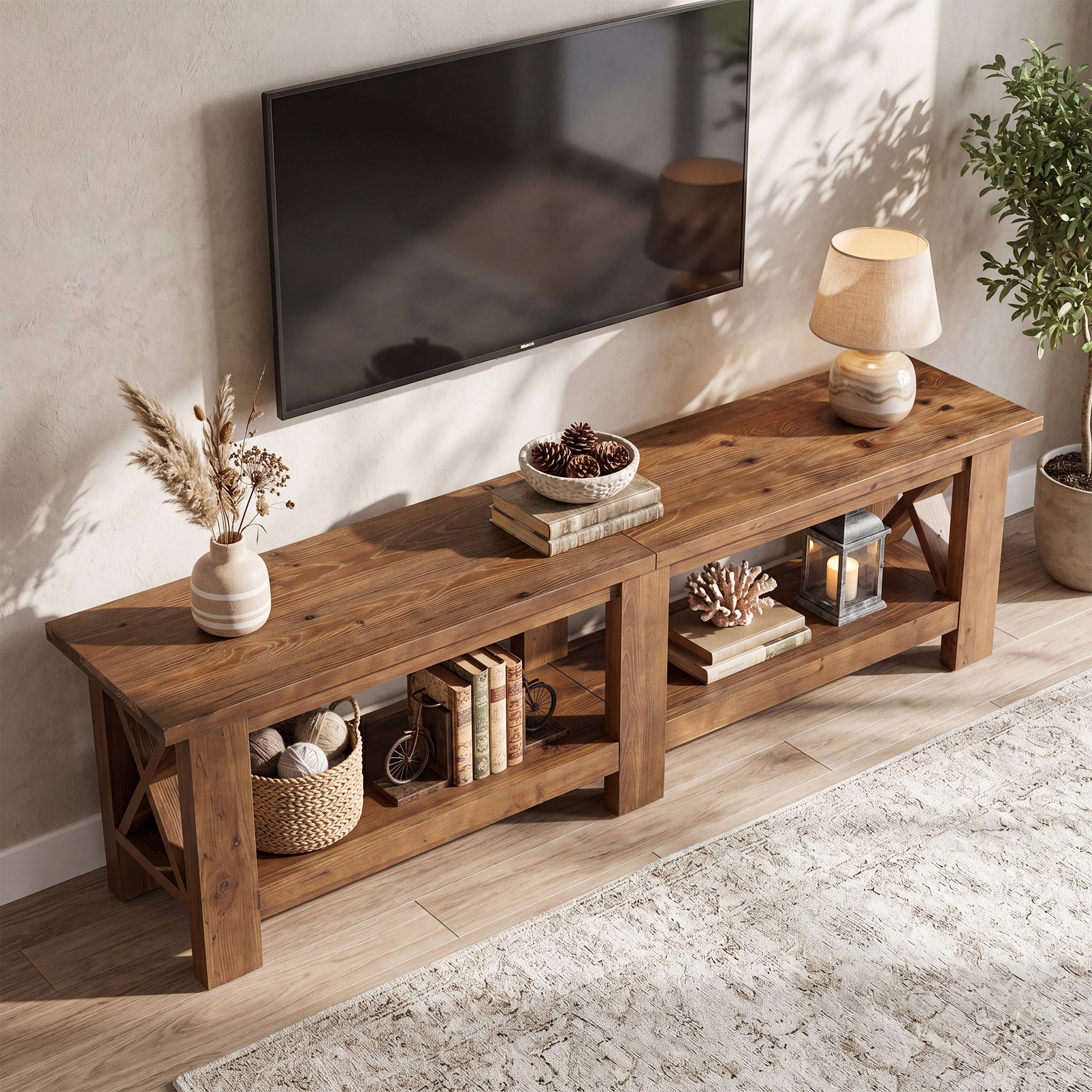 70.87" Solid Wood TV Stand for TVs up to 80", Farmhouse Entertainment Center with Storage Shelves