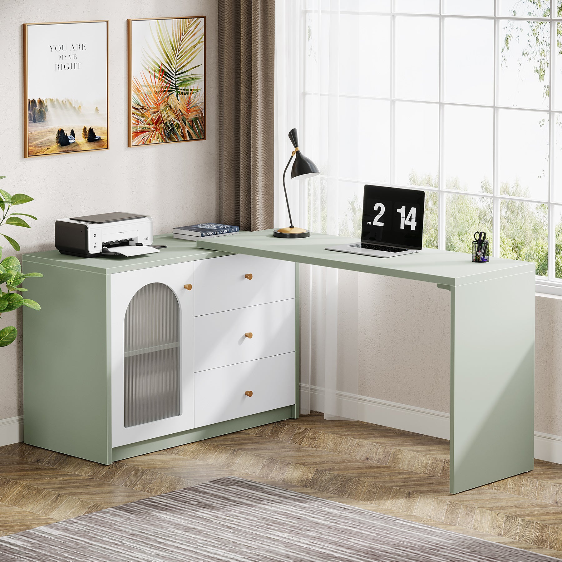 L-Shaped Computer Desk, Corner Office Desk with Reversible Storage Cabinet