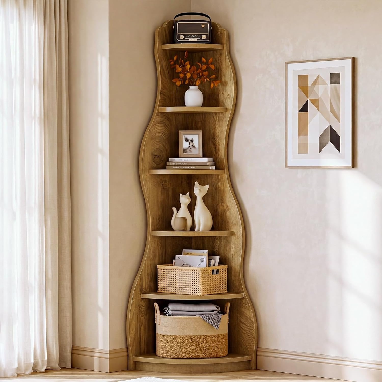 6-Tier Corner Shelf Stand, Tall Bookshelf with Curvy Shape-Tribesigns