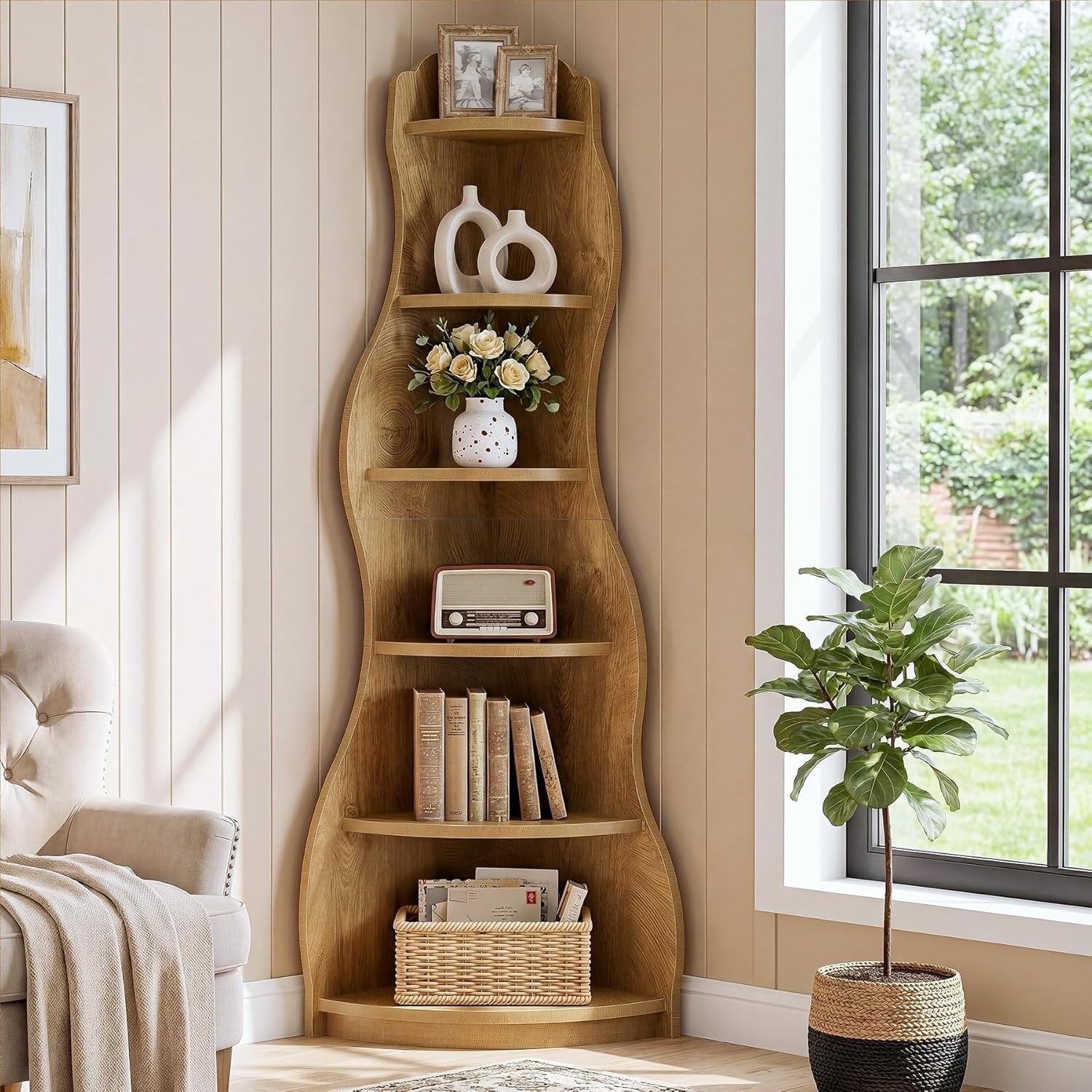 6-Tier Corner Shelf Stand, Tall Bookshelf with Curvy Shape-Tribesigns