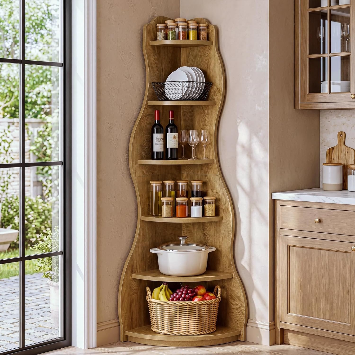 6-Tier Corner Shelf Stand, Tall Bookshelf with Curvy Shape for Living Room