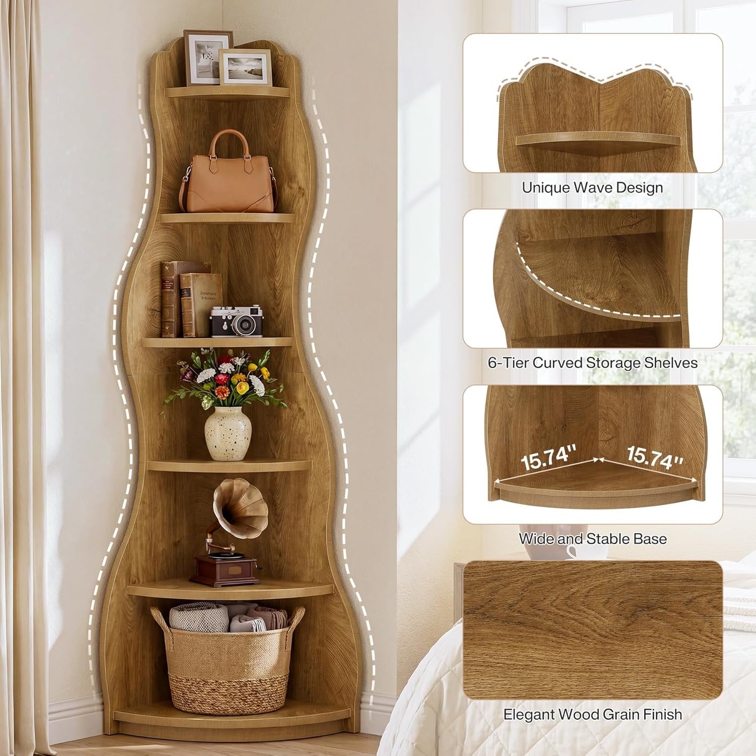 6-Tier Corner Shelf Stand, Tall Bookshelf with Curvy Shape-Tribesigns