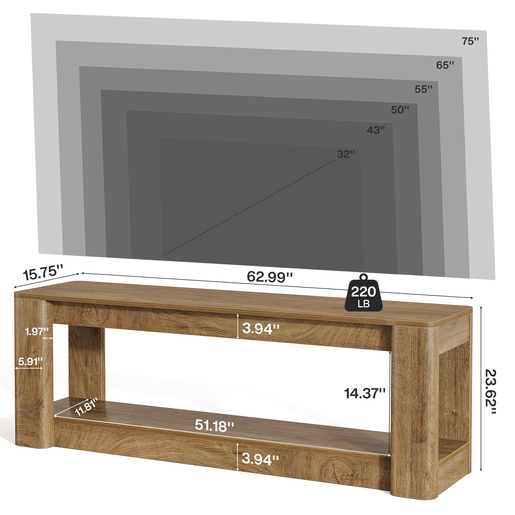 63" Farmhouse TV Stand for 55-75" TVs, Wood Media Console with Open Storage Shelves, Rustic Entertainment Center
