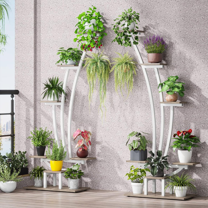 6 - Tier Plant Stand Pack of 2, Metal Curved Display Shelf with 2 Hanging Hooks Tribesigns