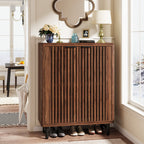 Walnut 6-tier shoe cabinet with louvered doors