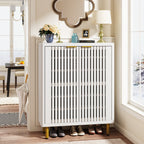 White entryway shoe cabinet with louvered doors