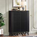 6 - Tier Shoe Cabinet with Louvered Doors. Black entryway shoe cabinet with louvered doors
