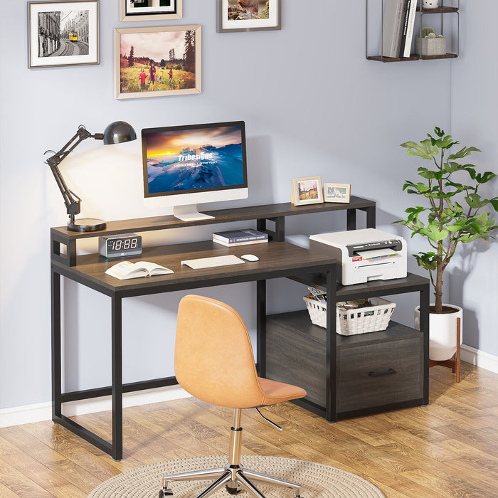 60" Computer Desk Study Table with Storage Shelves and File Drawer Tribesigns