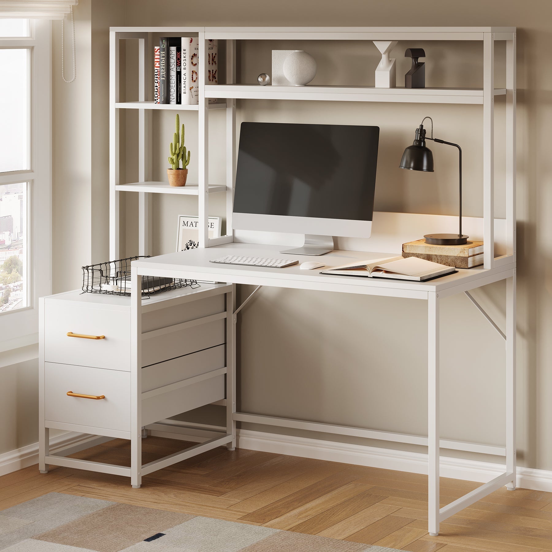 60" Tall Computer Desk Writing Table with 2 Drawers and Storage Shelves