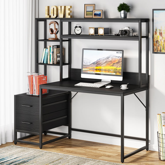60" Tall Computer Desk Writing Table with 2 Drawers and Storage Shelves Tribesigns