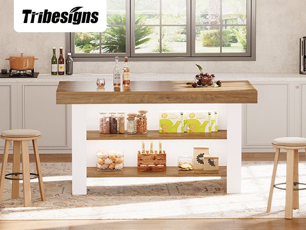 55" Kitchen Island, Farmhouse Center Island with 2 Tier Storage