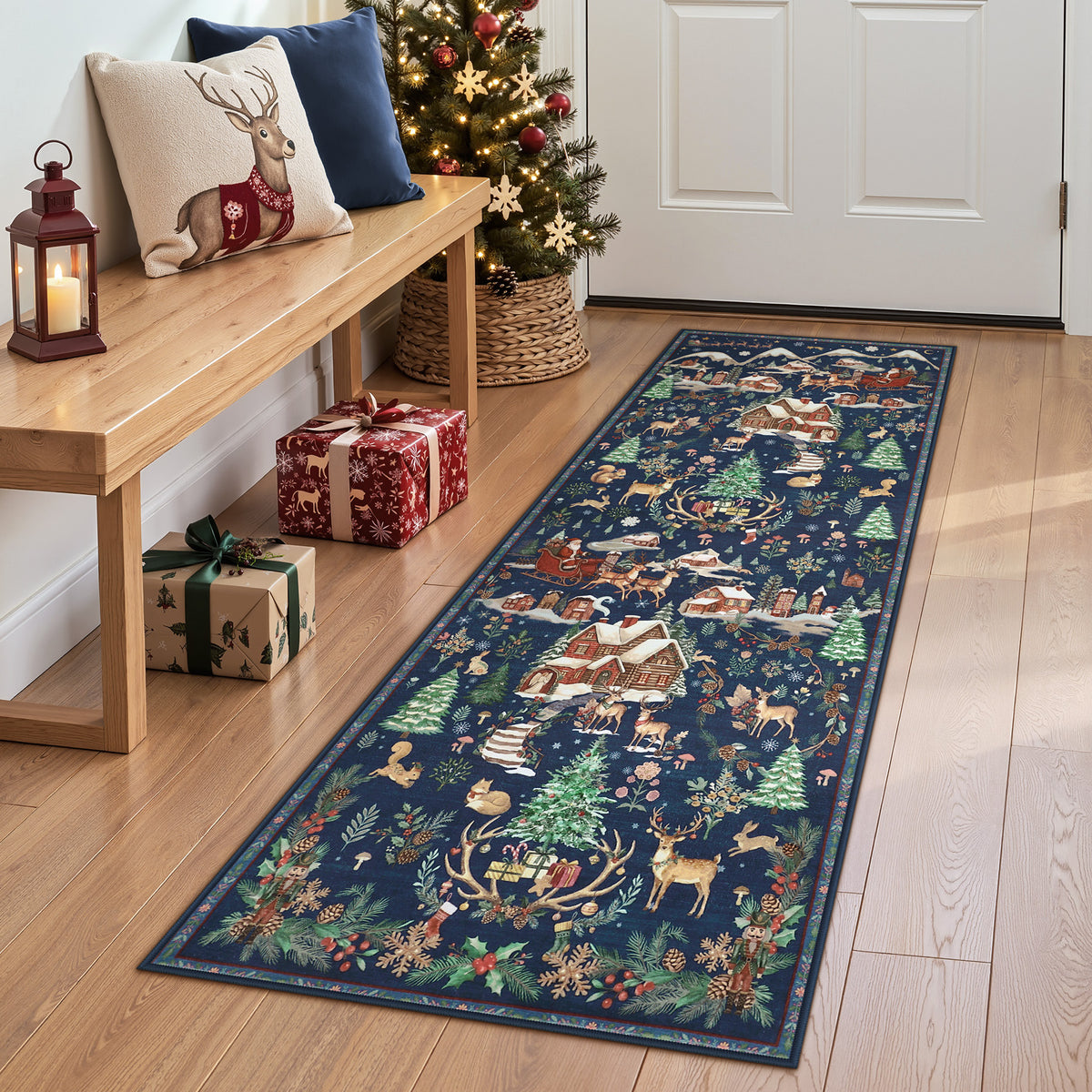 Christmas Runner Rug,Washable Non-Slip Holiday Carpet for Hallway Entryway