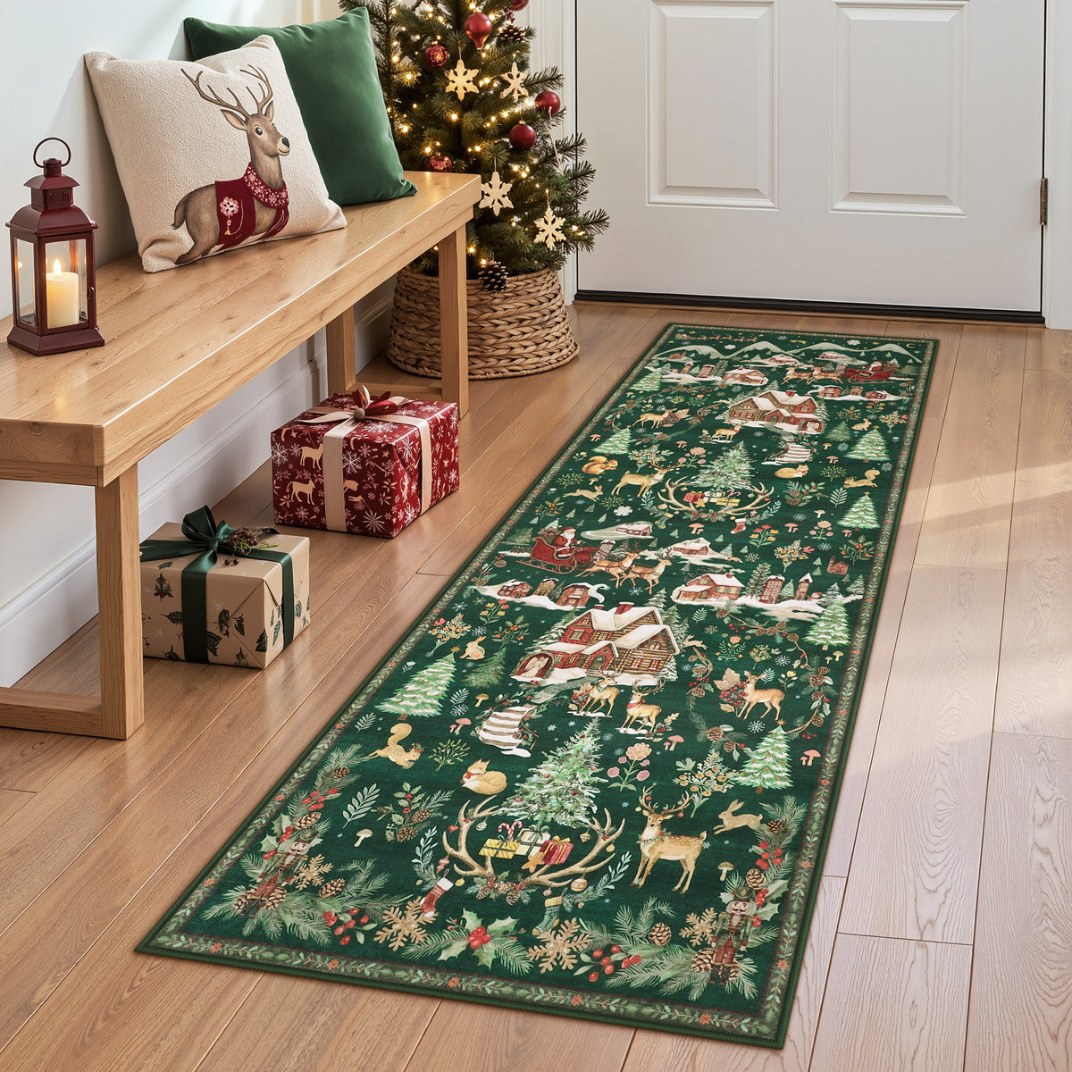Christmas Runner Rug,Washable Non-Slip Holiday Carpet for Hallway Entryway