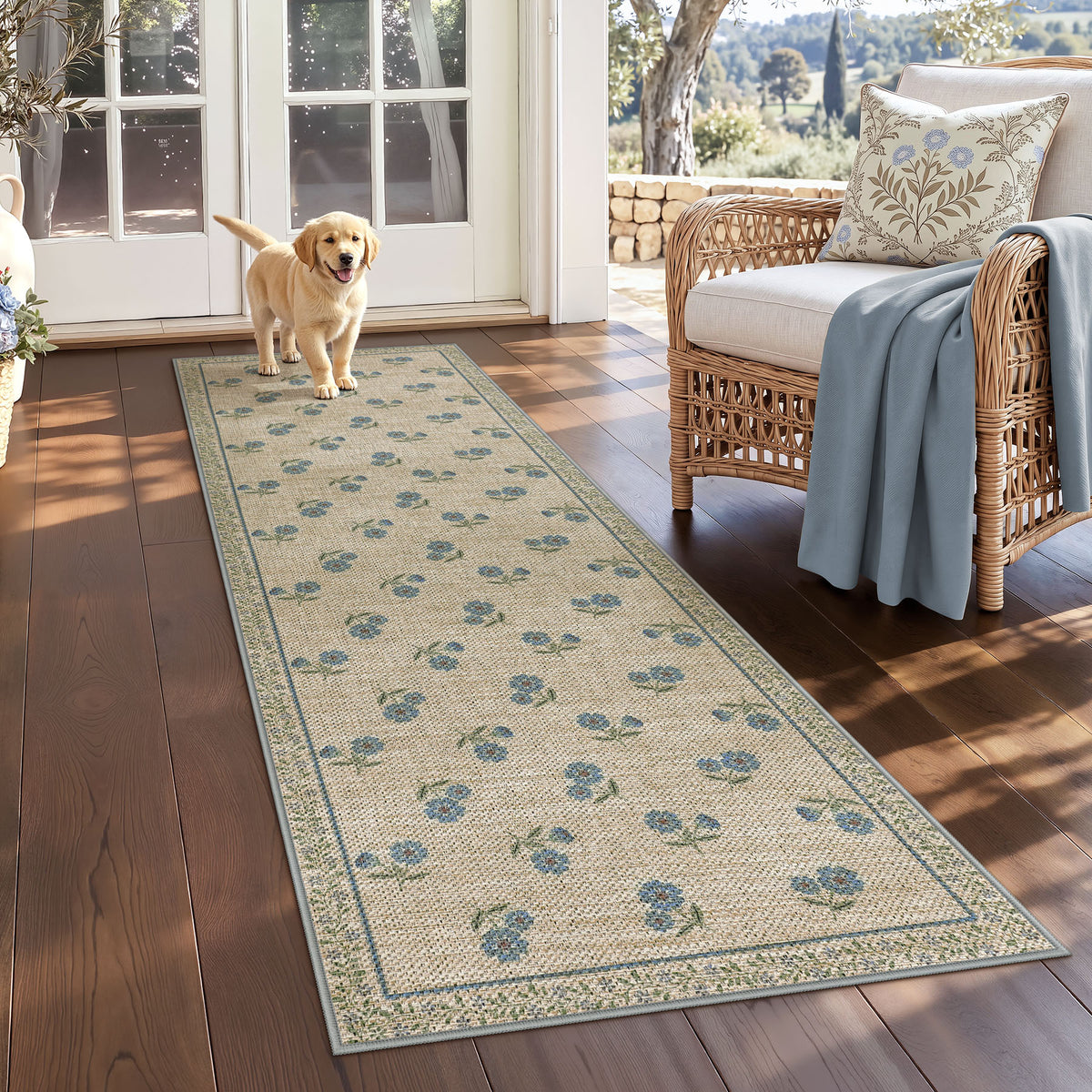 Farmhouse Floral Easy Jute Rug Washable Indoor Outdoor Low-Pile Area Rug