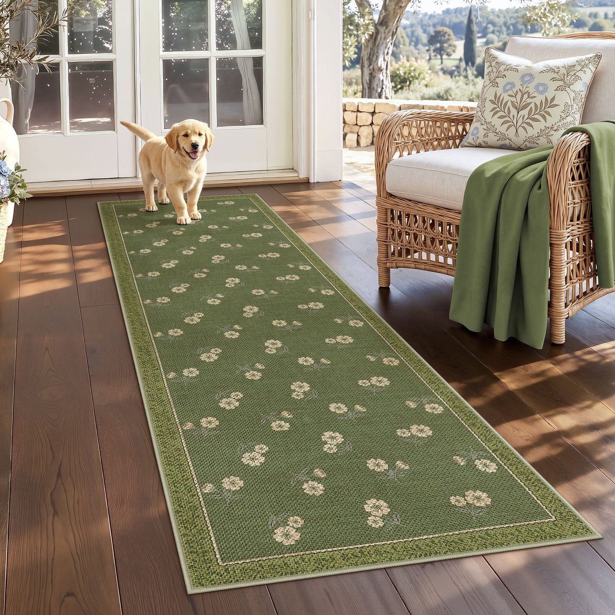 Farmhouse Floral Easy Jute Rug Washable Indoor Outdoor Low-Pile Area Rug
