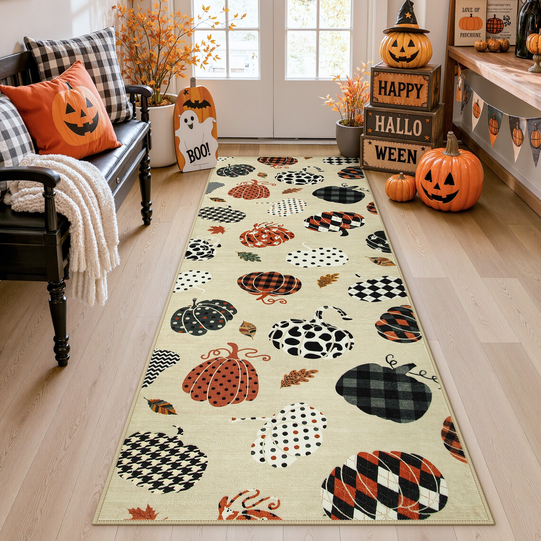 Multiple Sizes Fall Pumpkin Area Rug, Rectangular Washable Non-Slip Halloween Farmhouse Runner Rug
