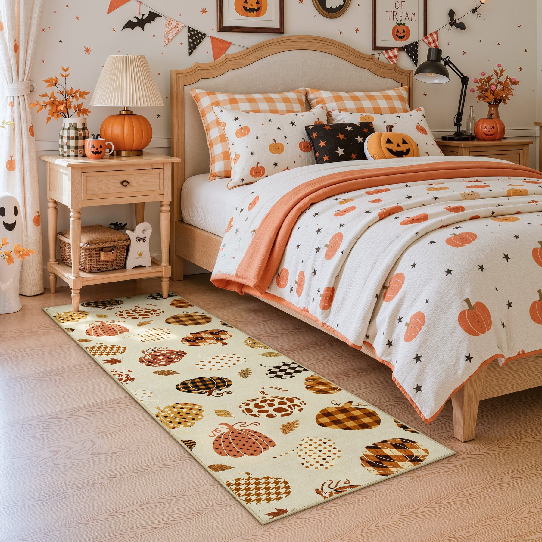 Multiple Sizes Fall Pumpkin Area Rug, Rectangular Washable Non-Slip Halloween Farmhouse Runner Rug