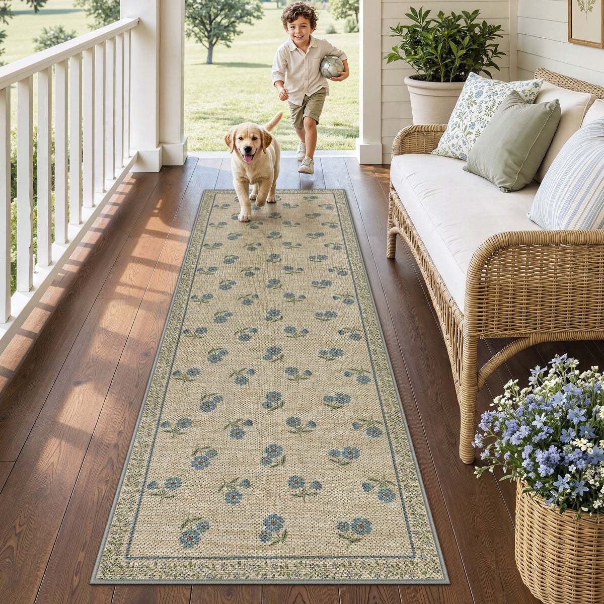 Farmhouse Floral Easy Jute Rug Washable Indoor Outdoor Low-Pile Area Rug