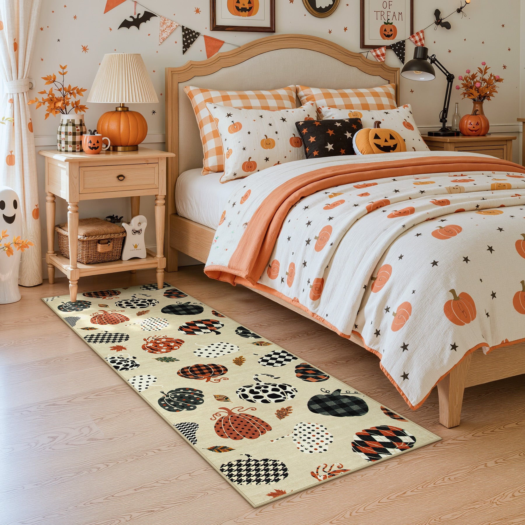 Multiple Sizes Fall Pumpkin Area Rug, Rectangular Washable Non-Slip Halloween Farmhouse Runner Rug