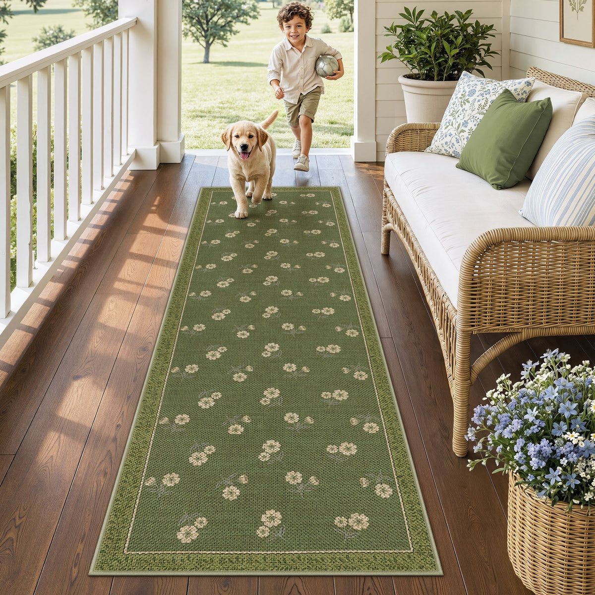 Farmhouse Floral Easy Jute Rug Washable Indoor Outdoor Low-Pile Area Rug