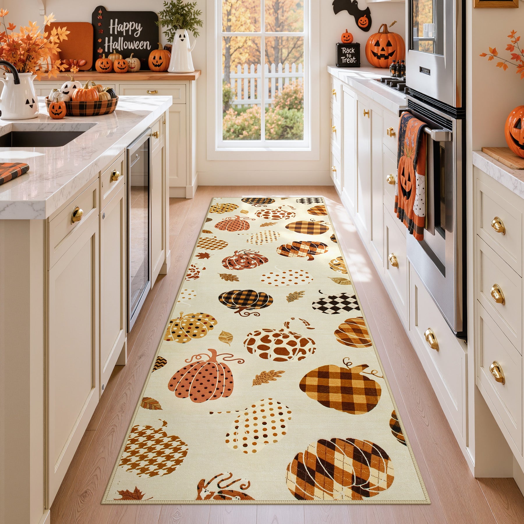 Multiple Sizes Fall Pumpkin Area Rug, Rectangular Washable Non-Slip Halloween Farmhouse Runner Rug