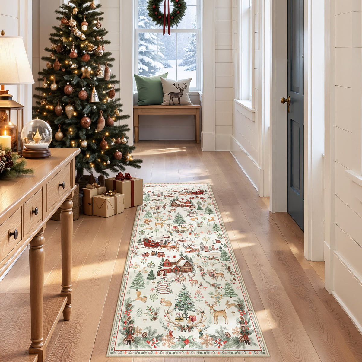 Christmas Runner Rug,Washable Non-Slip Holiday Carpet for Hallway Entryway