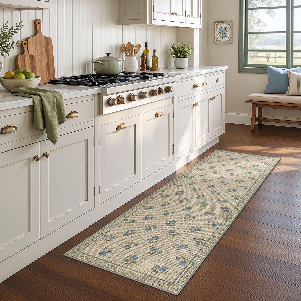 Farmhouse Floral Easy Jute Rug Washable Indoor Outdoor Low-Pile Area Rug