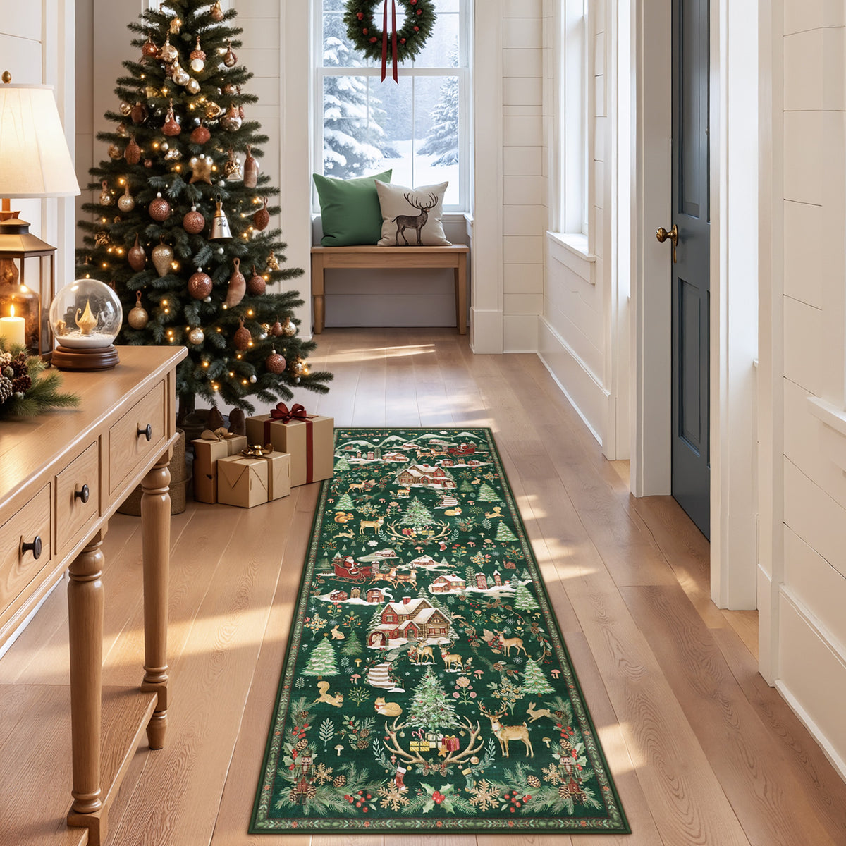 Christmas Runner Rug,Washable Non-Slip Holiday Carpet for Hallway Entryway