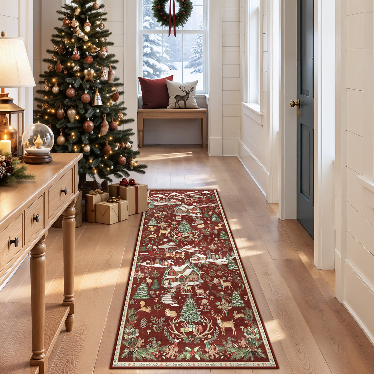 Christmas Runner Rug,Washable Non-Slip Holiday Carpet for Hallway Entryway