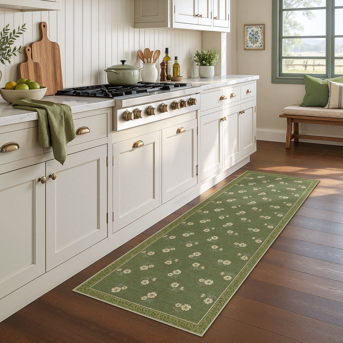 Farmhouse Floral Easy Jute Rug Washable Indoor Outdoor Low-Pile Area Rug