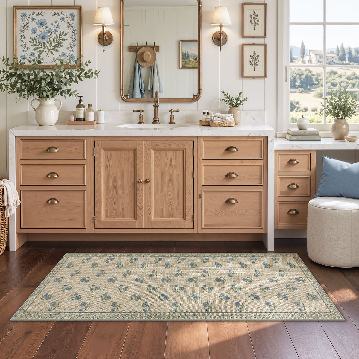 Farmhouse Floral Easy Jute Rug Washable Indoor Outdoor Low-Pile Area Rug