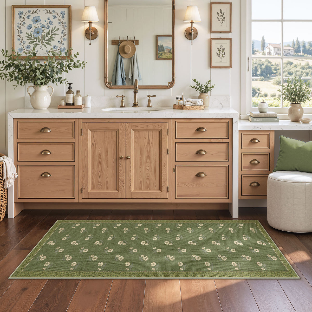Farmhouse Floral Easy Jute Rug Washable Indoor Outdoor Low-Pile Area Rug