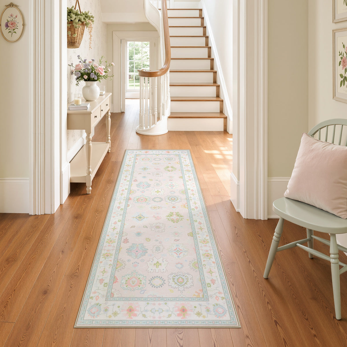 5x7/8x10/9x12 Boho Oushak Area Rug, Floral Washable Non Slip Low Pile Area Rug, Oeko-Tex Certified