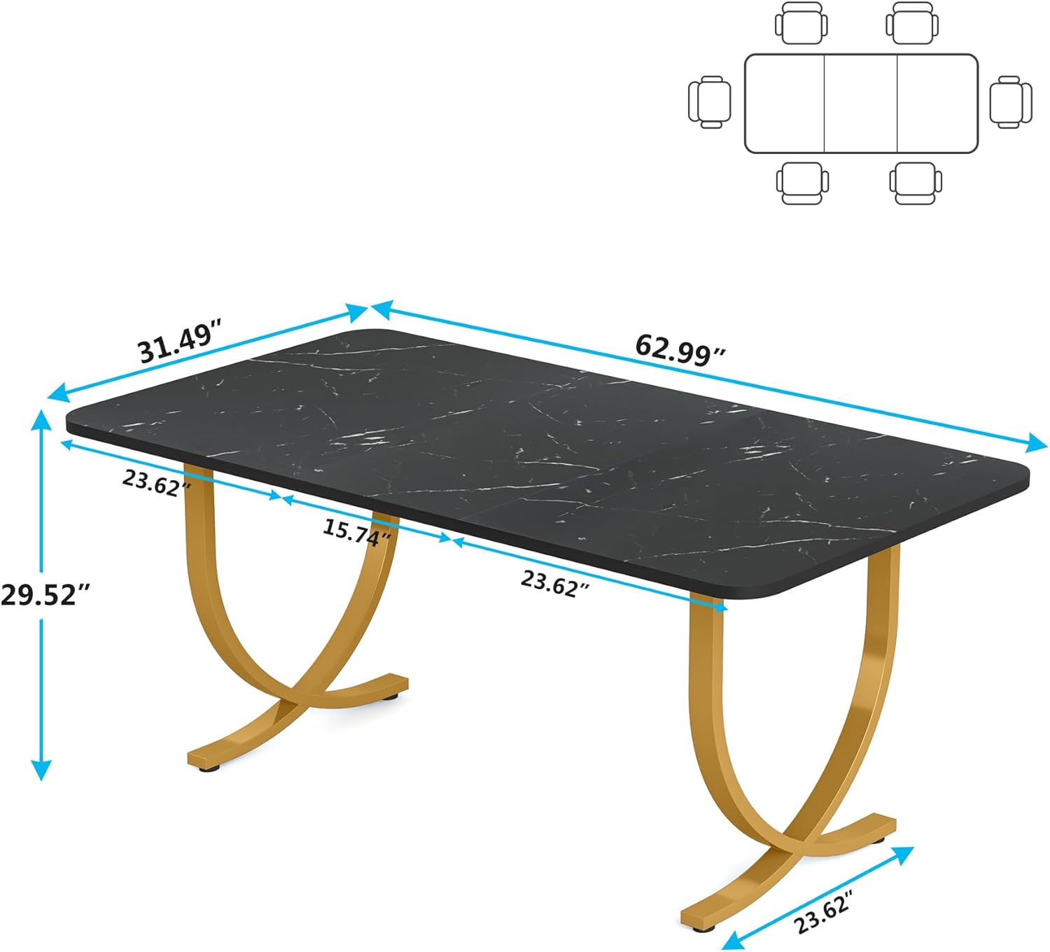 63" Modern Kitchen Table with Gold Metal Legs, Faux Marble Rectangular Dining Table