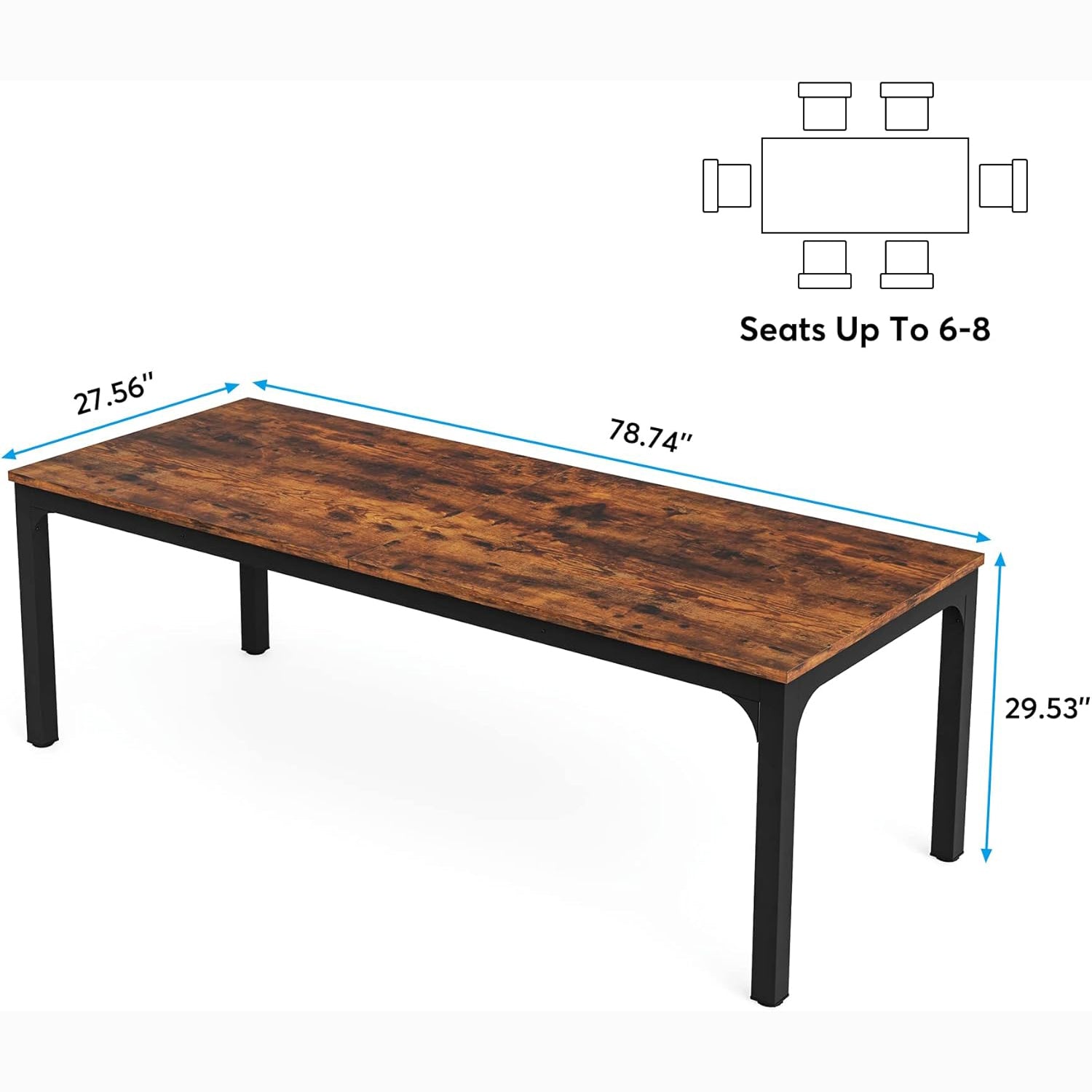 Tribesigns 78.7" Industrial Dining Table, Rustic Rectangular Wood Table with Metal Legs