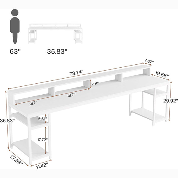 78.74" Extra Long Two Person Desk, Double Computer Desk with Storage Shelves